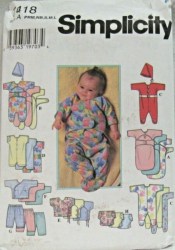 7418 SIMPLICITY NEWBORN BABY AND PREEMIE LAYETTE BUNTING, OVERALLS, PANTS, HAT PATTERN 